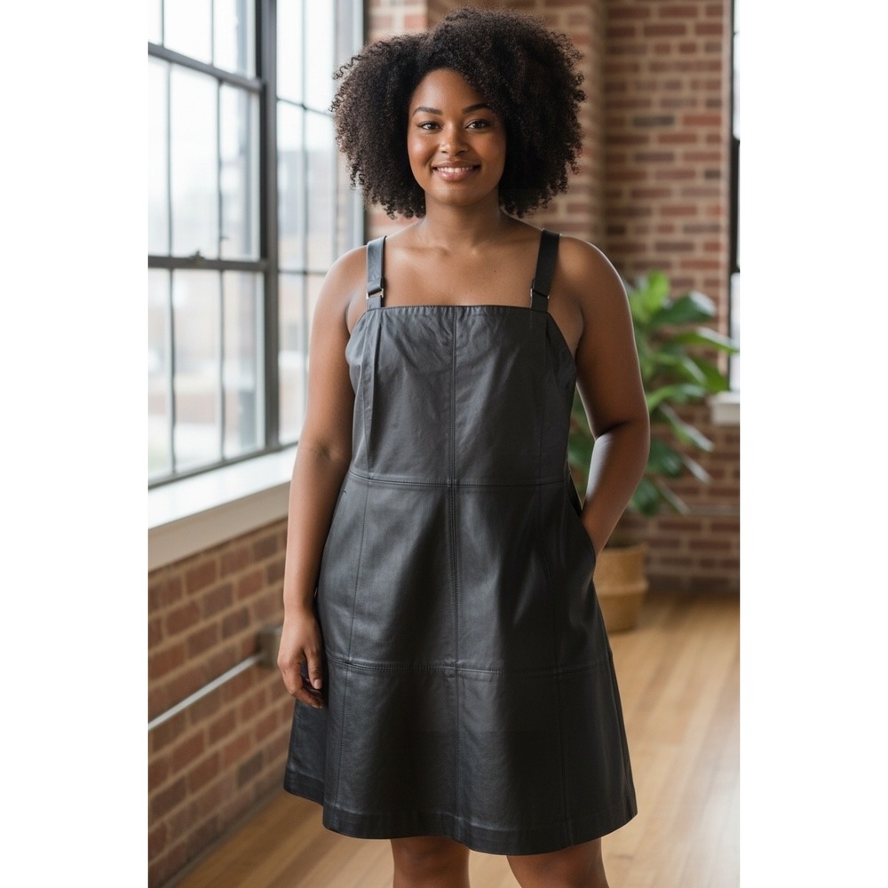 Newport News Styleworks Black Leather Pinafore Jumper Dress Plus Size 18W 61884